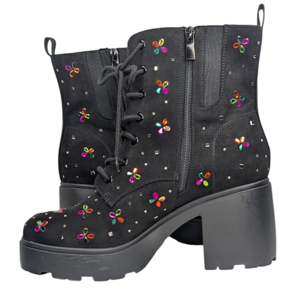 Betsey Johnson Micro Stones Chunky Heel Combat Boots | Size 11.5WW - Picture 5 of 10